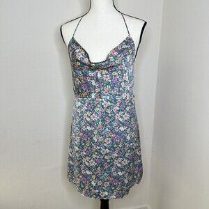 Forever 21 Women's Green Floral Satin Criss Cross Back Mini Dress Size Small‎